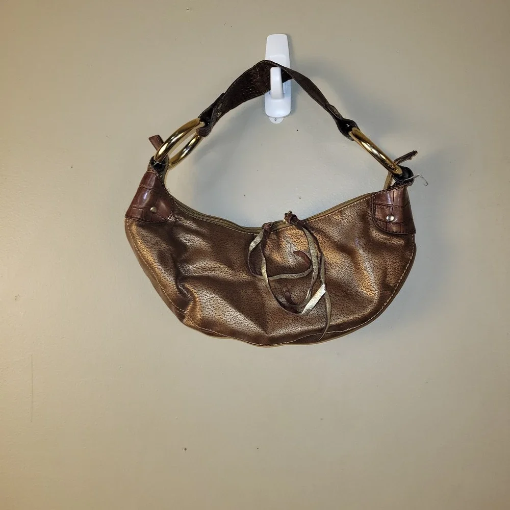 Womens Metallic Bronze Hobo Bag Faux Leather Croc Strap Gold Ring Hardware Small